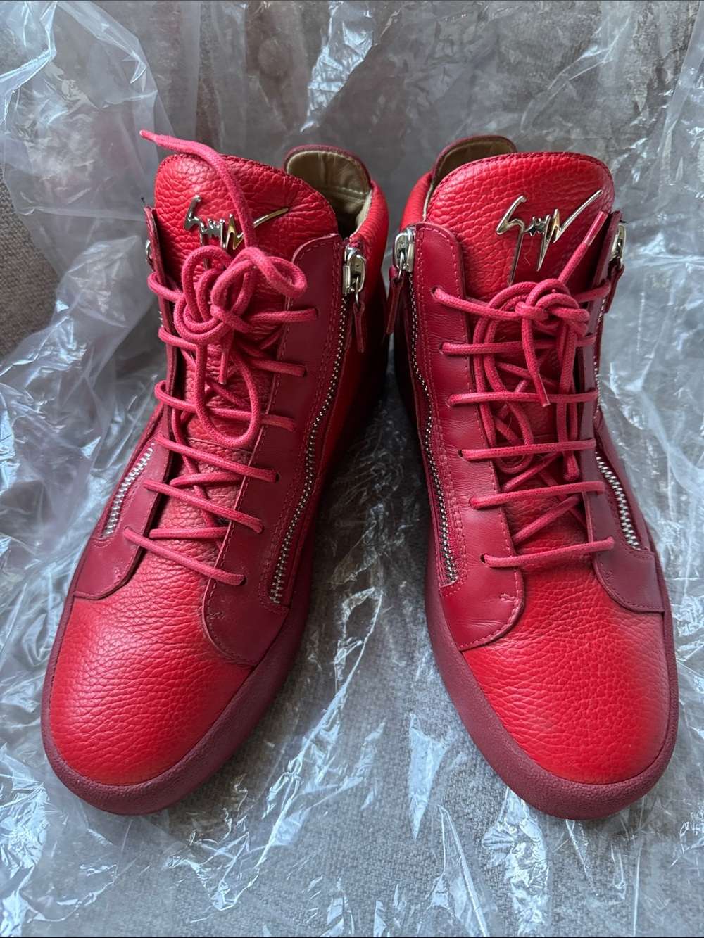 Men’s Giuseppe Zanotti Red Leather High-Top Sneakers with Side Zippers Size 43